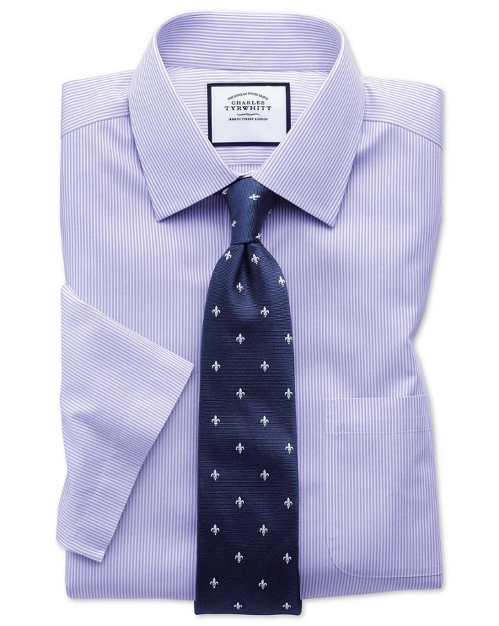 Charles Tyrwhitt Slim Fit Non-iron Bengal Stripe Short Sleeve Lilac Cotton Dress Shirt Size 15.5/short By Charles Tyrwhitt