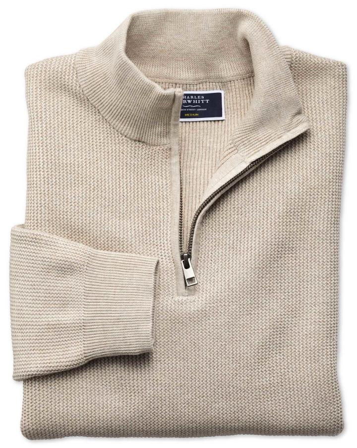 Charles Tyrwhitt Stone Pima Cotton Textured Zip Neck Sweater Size Large By Charles Tyrwhitt