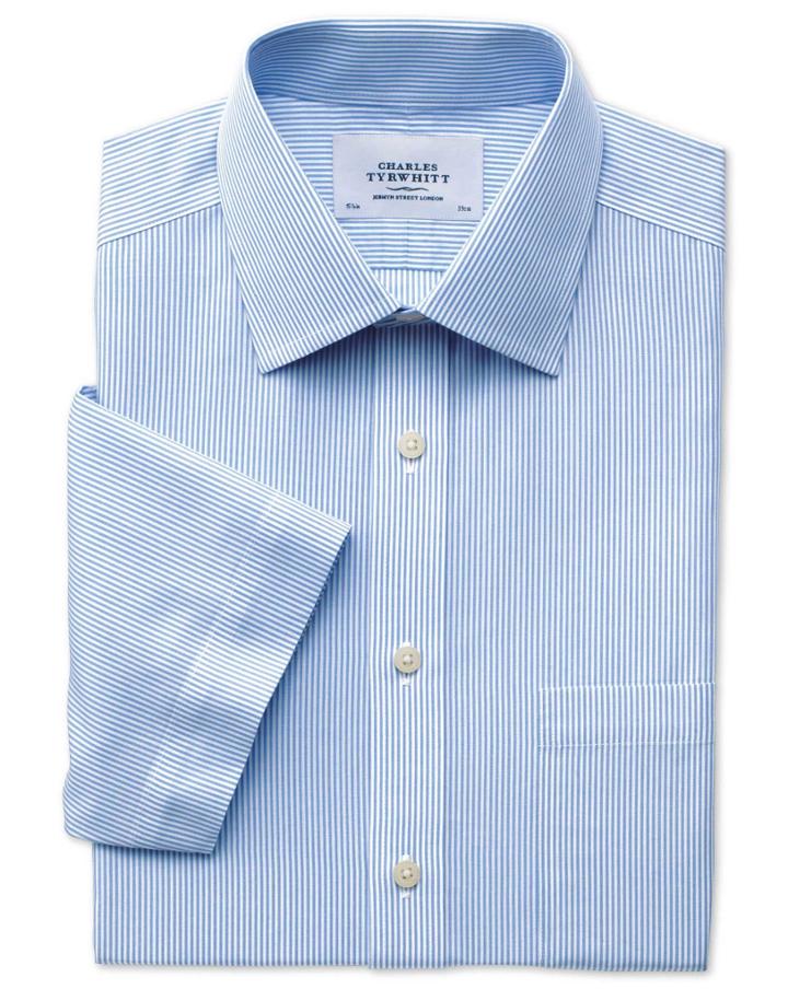 Charles Tyrwhitt Charles Tyrwhitt Classic Fit Non-iron Short Sleeve Bengal Stripe Sky Blue Cotton Dress Shirt Size 15.5/short