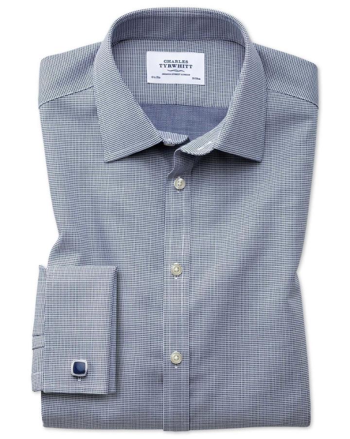 Charles Tyrwhitt Slim Fit Non-iron Square Weave Navy Blue Cotton Dress Casual Shirt French Cuff Size 14.5/33 By Charles Tyrwhitt