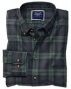  Slim Fit Navy And Green Check Herringbone Melange Cotton Casual Shirt Single Cuff Size Medium By Charles Tyrwhitt