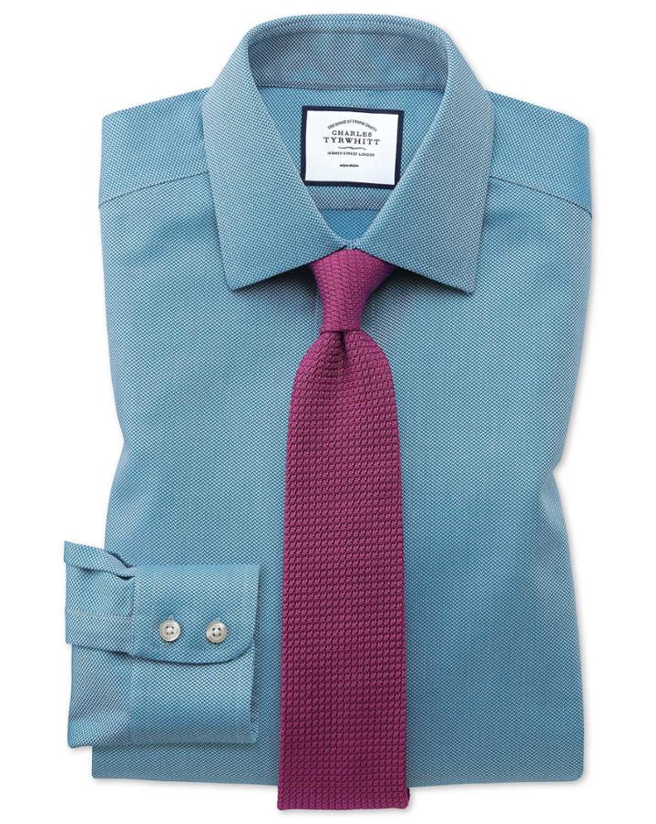  Classic Fit Non-iron Teal Arrow Weave Cotton Dress Shirt French Cuff Size 17/37 By Charles Tyrwhitt