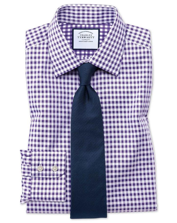 Charles Tyrwhitt Slim Fit Non-iron Gingham Purple Cotton Dress Shirt Single Cuff Size 15/33 By Charles Tyrwhitt