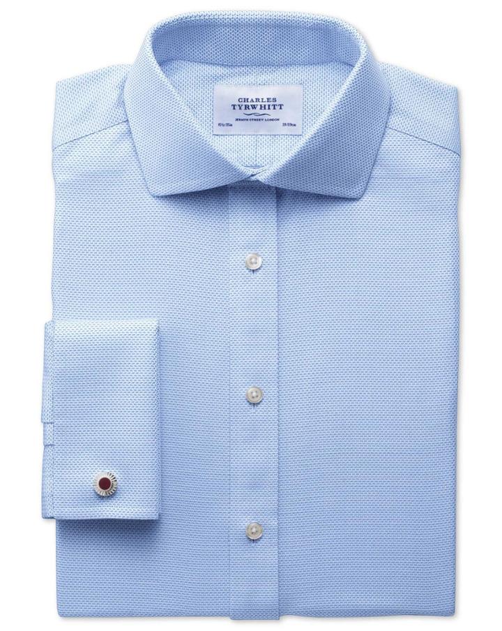 Charles Tyrwhitt Charles Tyrwhitt Slim Fit Spread Collar Non-iron Textured Herringbone Sky Blue Cotton Dress Shirt Size 15.5/37