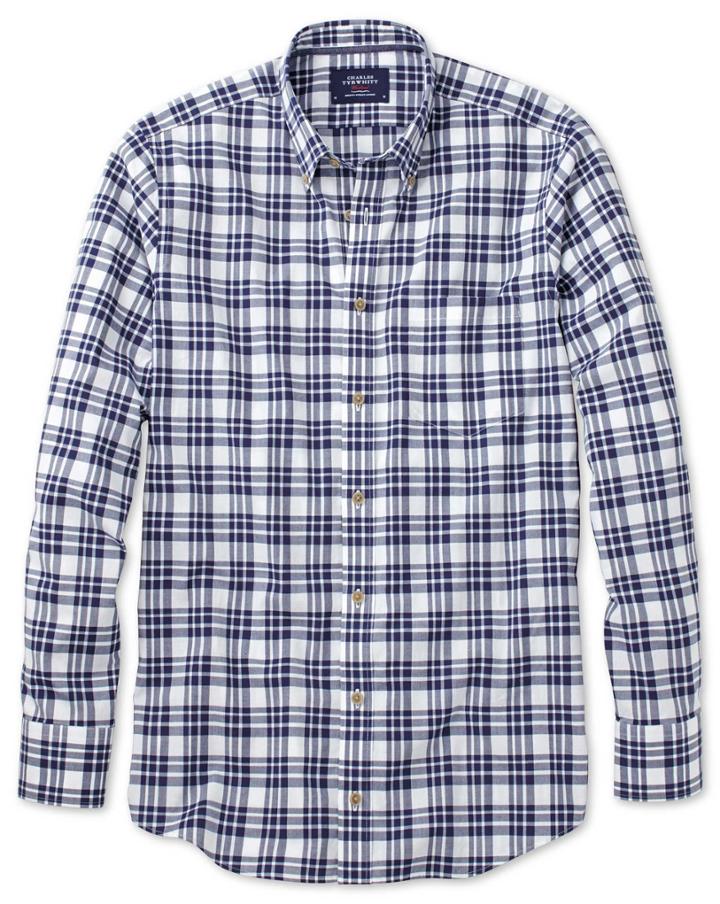 Charles Tyrwhitt Classic Fit Button-down Poplin Navy Blue Check Cotton Casual Shirt Single Cuff Size Large By Charles Tyrwhitt