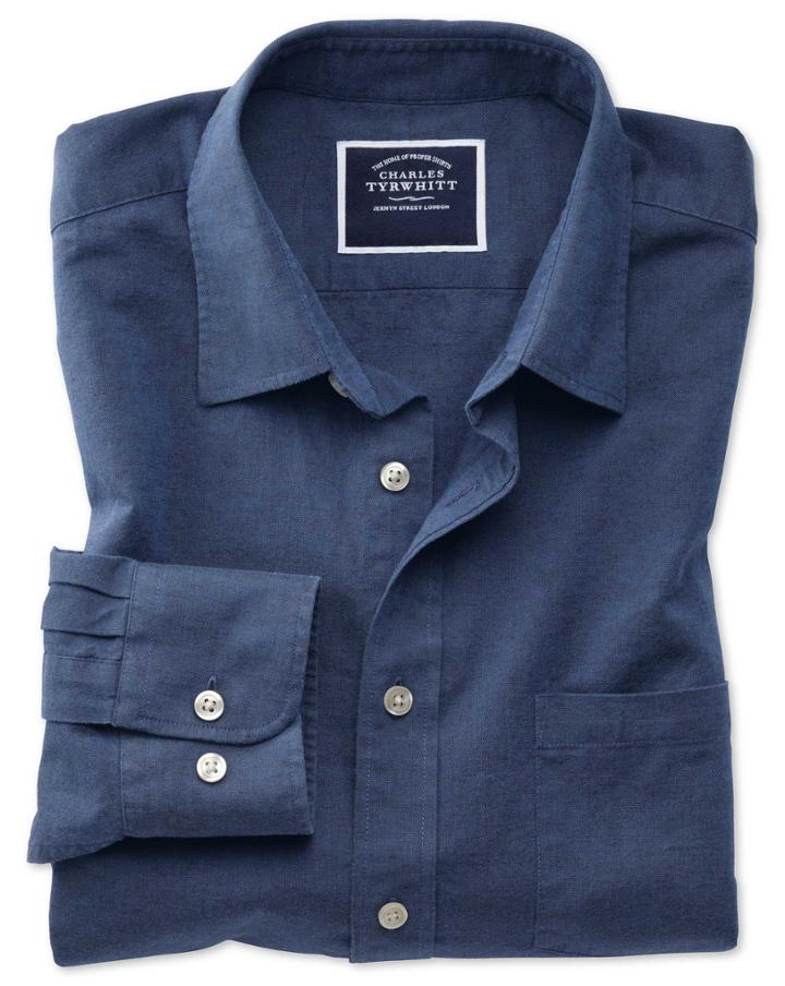 Charles Tyrwhitt Classic Fit Cotton Linen Navy Plain Casual Shirt Single Cuff Size Medium By Charles Tyrwhitt