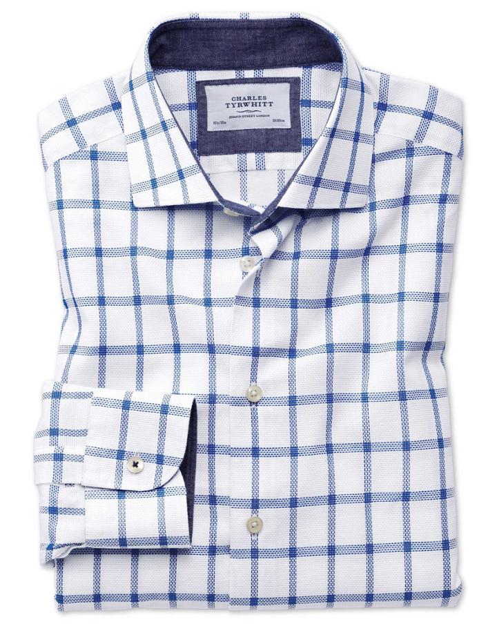 Charles Tyrwhitt Slim Fit Business Casual Semi-spread Collar Textured Check White And Blue Cotton Dress Shirt Single Cuff Size 14.5/33 By Charles Tyrwhitt