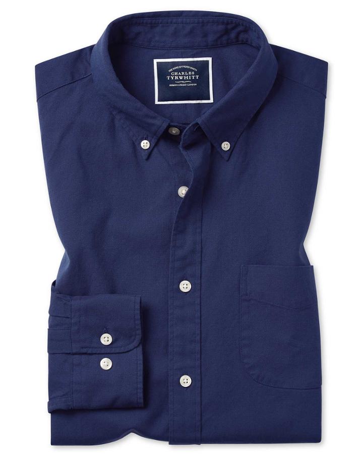 Classic Fit Royal Blue Button-down Washed Oxford Plain Cotton Casual Shirt Single Cuff Size Large By Charles Tyrwhitt