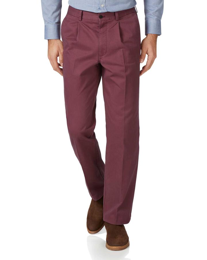  Dark Pink Classic Fit Single Pleat Washed Cotton Chino Pants Size W32 L30 By Charles Tyrwhitt