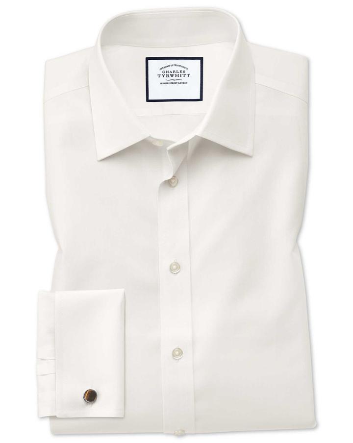 Charles Tyrwhitt Slim Fit Non-iron Poplin Cream Cotton Dress Shirt Single Cuff Size 14.5/33 By Charles Tyrwhitt
