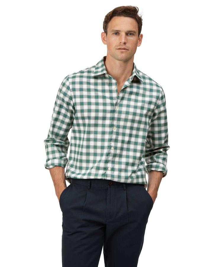  Slim Fit Green And White Check Soft Wash Non-iron Stretch Oxford Cotton Casual Shirt Single Cuff Size Small By Charles Tyrwhitt