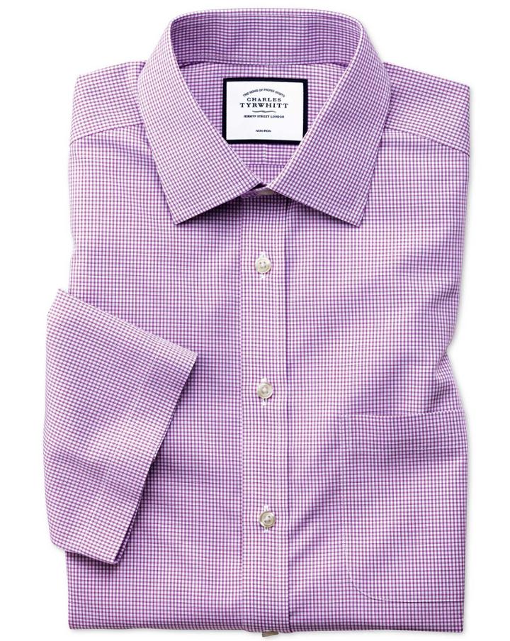  Classic Fit Non-iron Natural Cool Short Sleeve Pink Check Cotton Dress Shirt Size 15.5/short By Charles Tyrwhitt