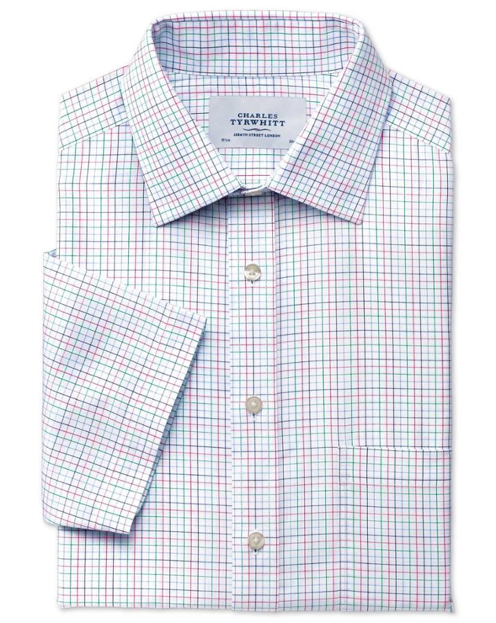 Charles Tyrwhitt Charles Tyrwhitt Slim Fit Non-iron Short Sleeve Multi Check Green Cotton Dress Shirt Size 16/short