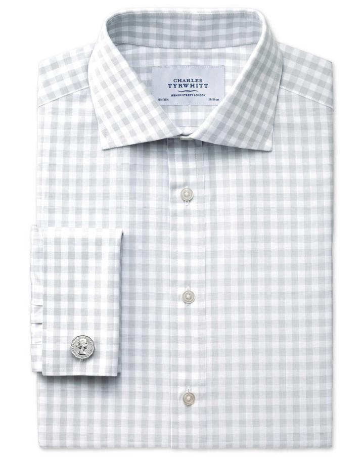 Charles Tyrwhitt Charles Tyrwhitt Slim Fit Semi-spread Collar Textured Gingham Grey Cotton Dress Shirt Size 15.5/37