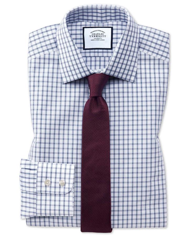  Extra Slim Fit Blue Windowpane Check Cotton Dress Shirt Single Cuff Size 14.5/32 By Charles Tyrwhitt