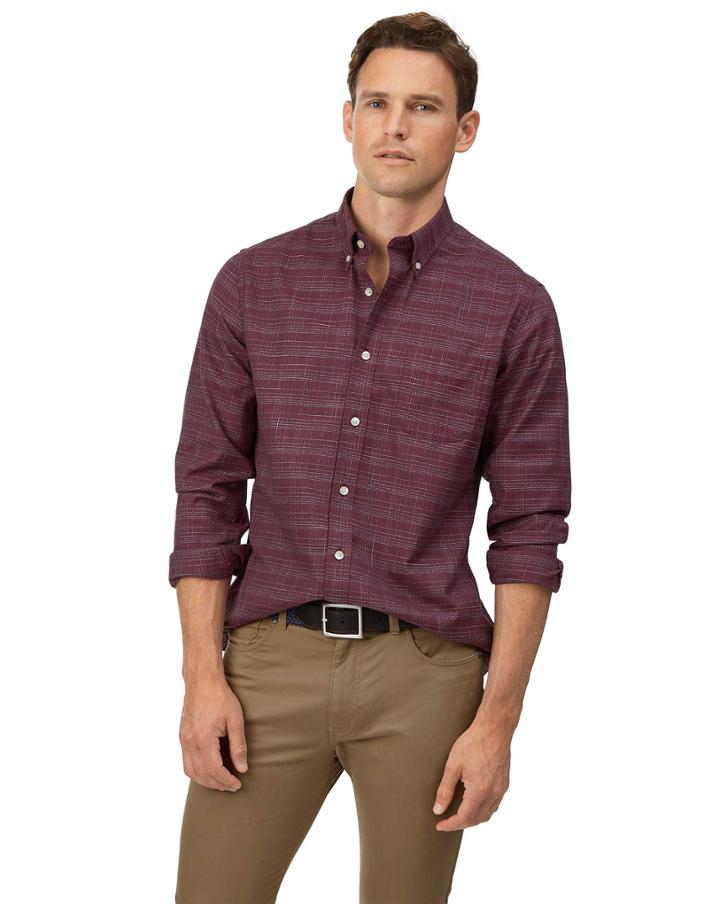  Slim Fit Soft Washed Non-iron Twill Berry Grid Check Cotton Casual Shirt Single Cuff Size Medium By Charles Tyrwhitt