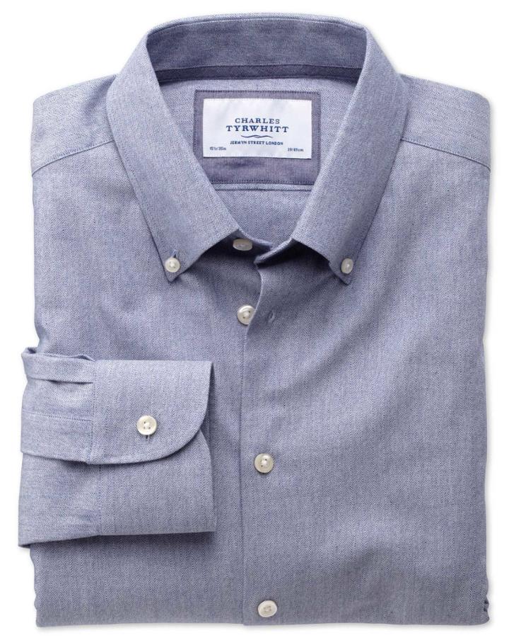 Charles Tyrwhitt Charles Tyrwhitt Slim Fit Button-down Collar Business Casual Blue Cotton/wool Dress Shirt Size 15/35