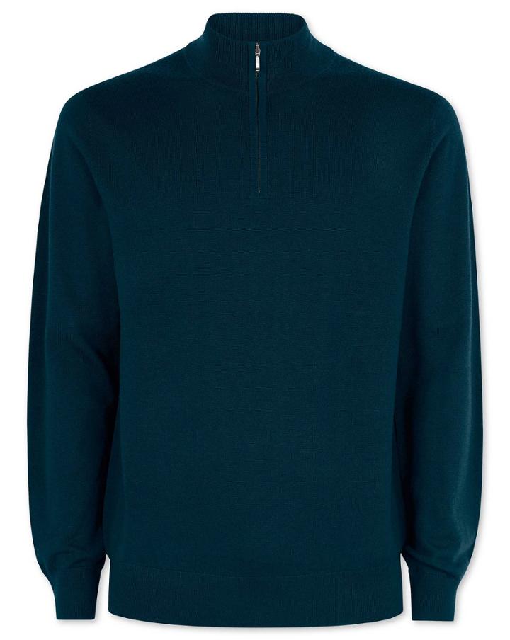 Teal Merino Zip Neck 100percent Merino Wool Sweater Size Large By Charles Tyrwhitt