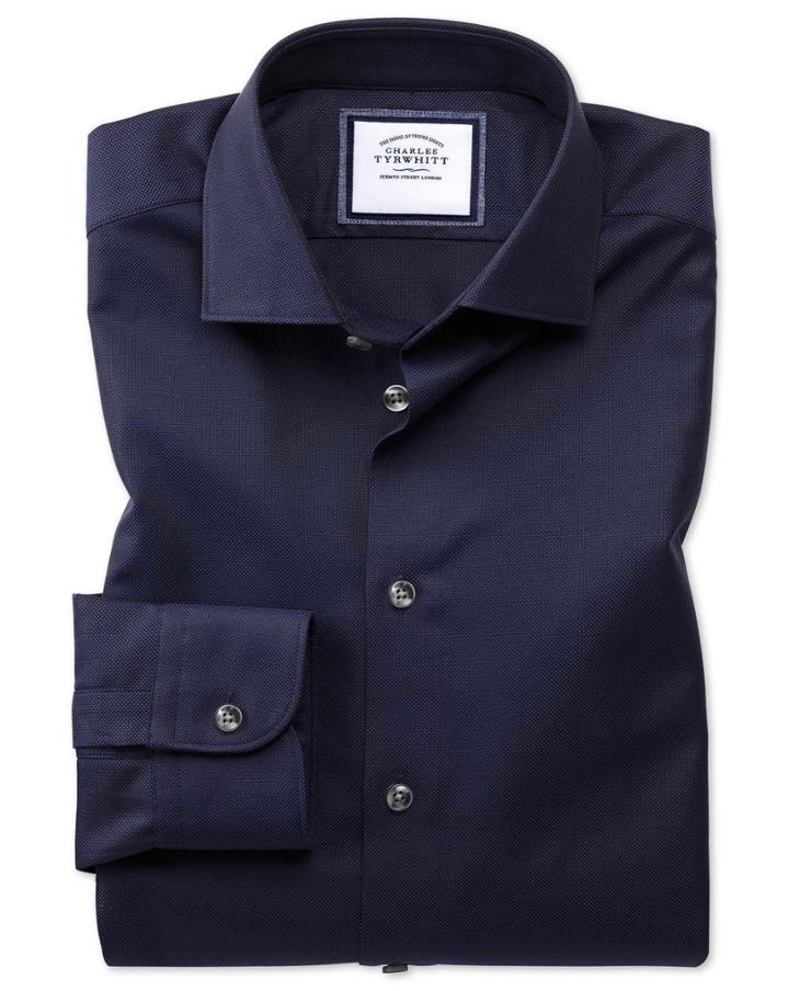 Charles Tyrwhitt Classic Fit Semi-spread Collar Business Casual Navy Textured Egyptian Cotton Dress Shirt Single Cuff Size 15.5/33 By Charles Tyrwhitt