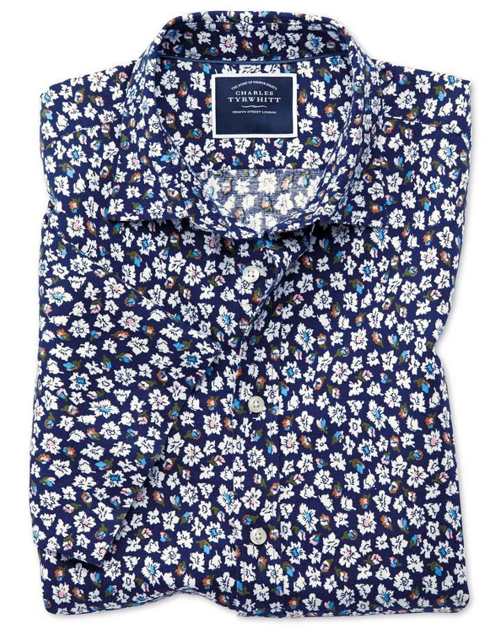  Classic Fit Floral Print Navy Short Sleeve Linen Cotton Casual Shirt Single Cuff Size Medium By Charles Tyrwhitt