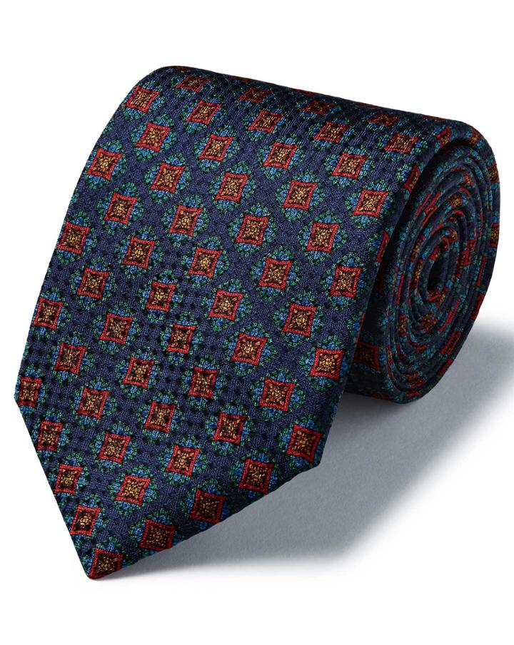  Navy Silk Medallion Print Textured English Luxury Tie By Charles Tyrwhitt
