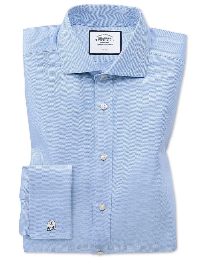  Slim Fit Non-iron Sky Blue Herringbone Cotton Dress Shirt French Cuff Size 14.5/33 By Charles Tyrwhitt