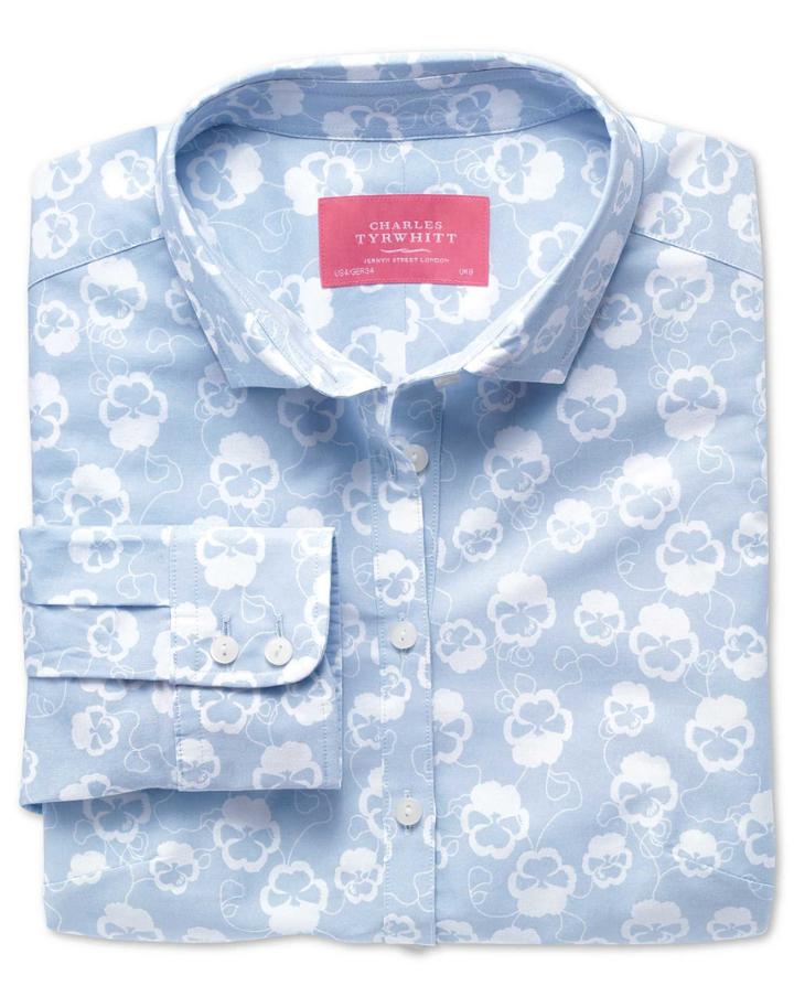 Charles Tyrwhitt Charles Tyrwhitt Women's Semi-fitted Cotton Floral Sky And White Poplin Shirt Size 6
