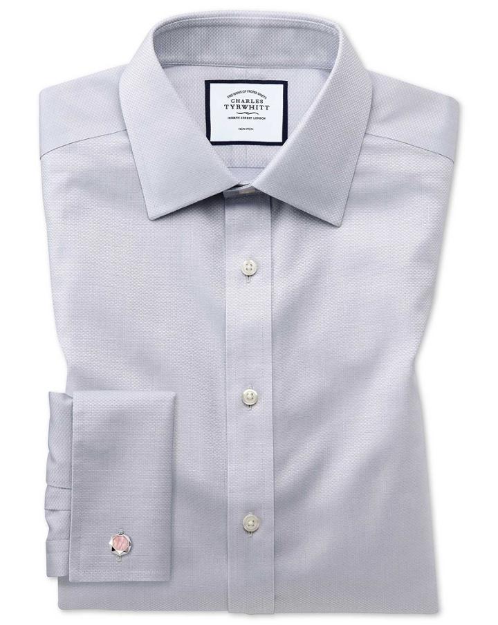  Slim Fit Non-iron Grey Triangle Weave Cotton Dress Shirt Single Cuff Size 14.5/32 By Charles Tyrwhitt