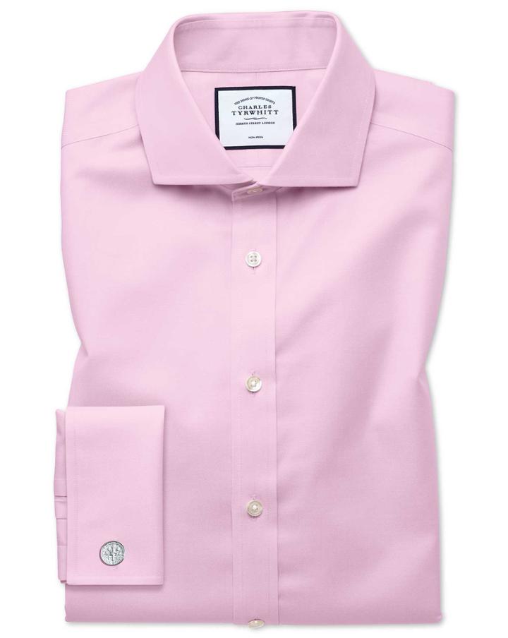 Slim Fit Pink Non-iron Twill Spread Collar Cotton Dress Shirt French Cuff Size 15.5/35 By Charles Tyrwhitt