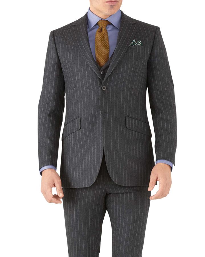  Charcoal Stripe Slim Fit Flannel Business Suit Wool Jacket Size 38 By Charles Tyrwhitt