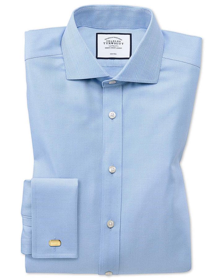  Extra Slim Fit Non-iron Sky Blue Herringbone Cotton Dress Shirt French Cuff Size 14.5/32 By Charles Tyrwhitt
