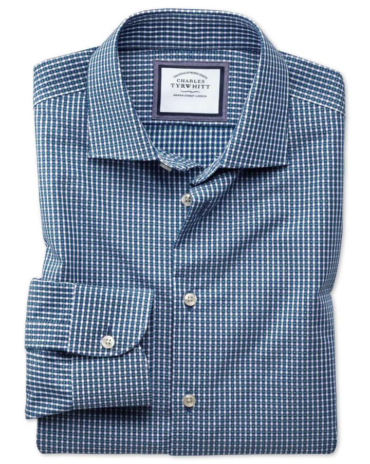Charles Tyrwhitt Extra Slim Fit Semi-spread Collar Business Casual Non-iron Navy & Green Gingham Cotton Dress Shirt Single Cuff Size 14.5/32 By Charles Tyrwhitt