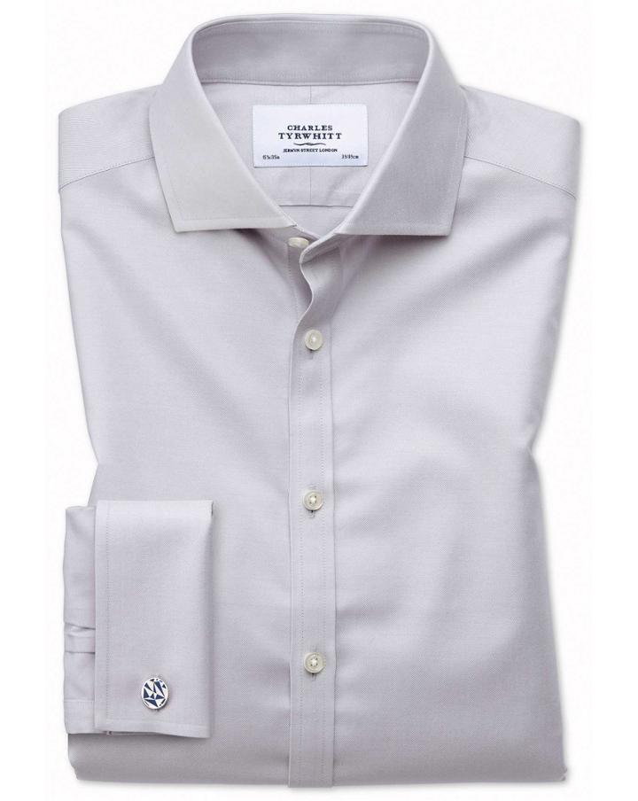 Charles Tyrwhitt Extra Slim Fit Spread Collar Non-iron Twill Grey Cotton Dress Shirt French Cuff Size 14.5/32 By Charles Tyrwhitt