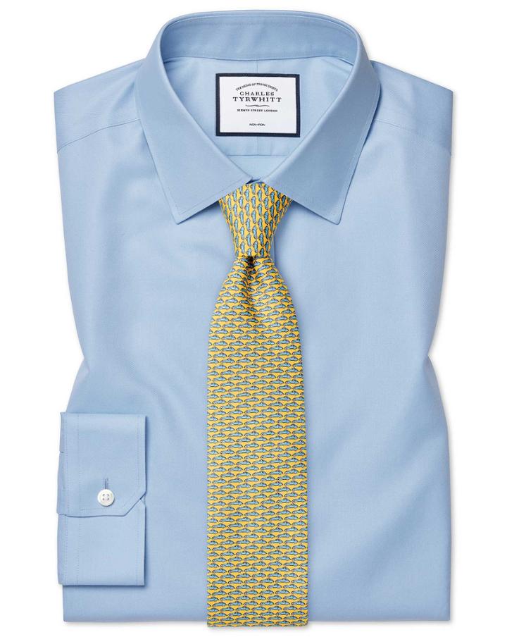  Super Slim Fit Non-iron Twill Sky Blue Cotton Dress Shirt Single Cuff Size 14/33 By Charles Tyrwhitt