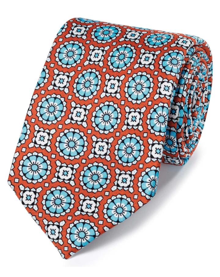  Orange Circle Medallion Print Silk English Luxury Tie By Charles Tyrwhitt