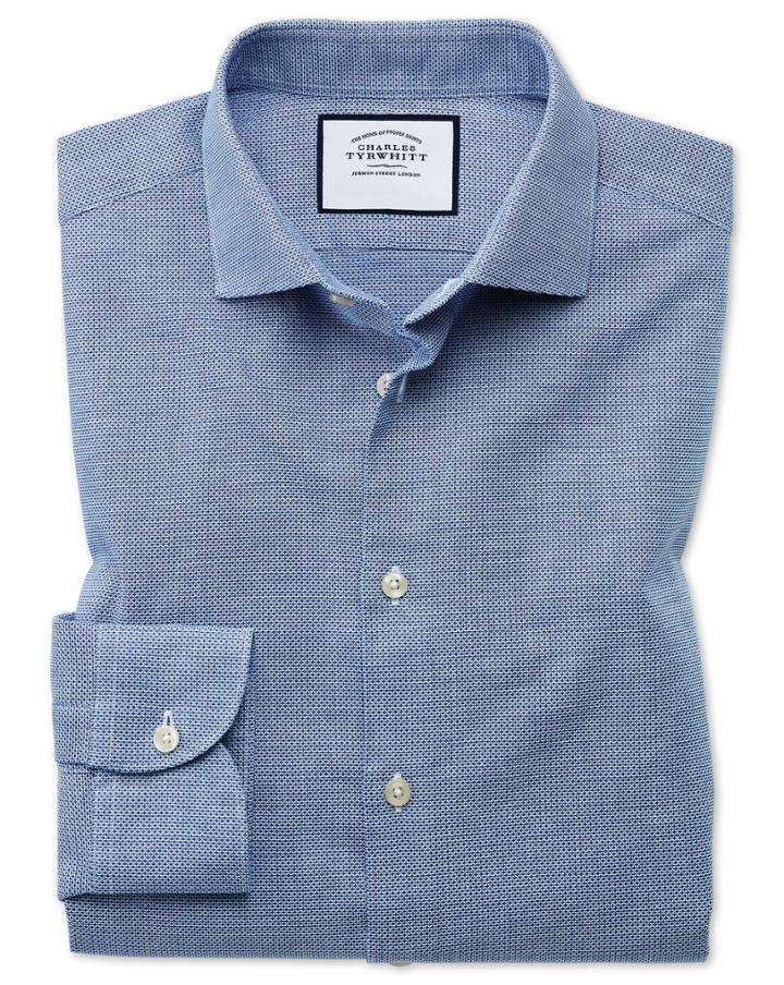  Slim Fit Business Casual Leno Texture Blue Cotton Dress Shirt Single Cuff Size 14.5/33 By Charles Tyrwhitt