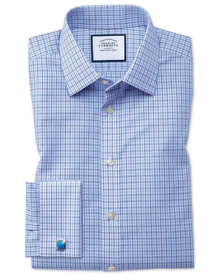 Charles Tyrwhitt Classic Fit Non-iron Poplin Blue And Sky Blue Cotton Dress Shirt Single Cuff Size 15/33 By Charles Tyrwhitt
