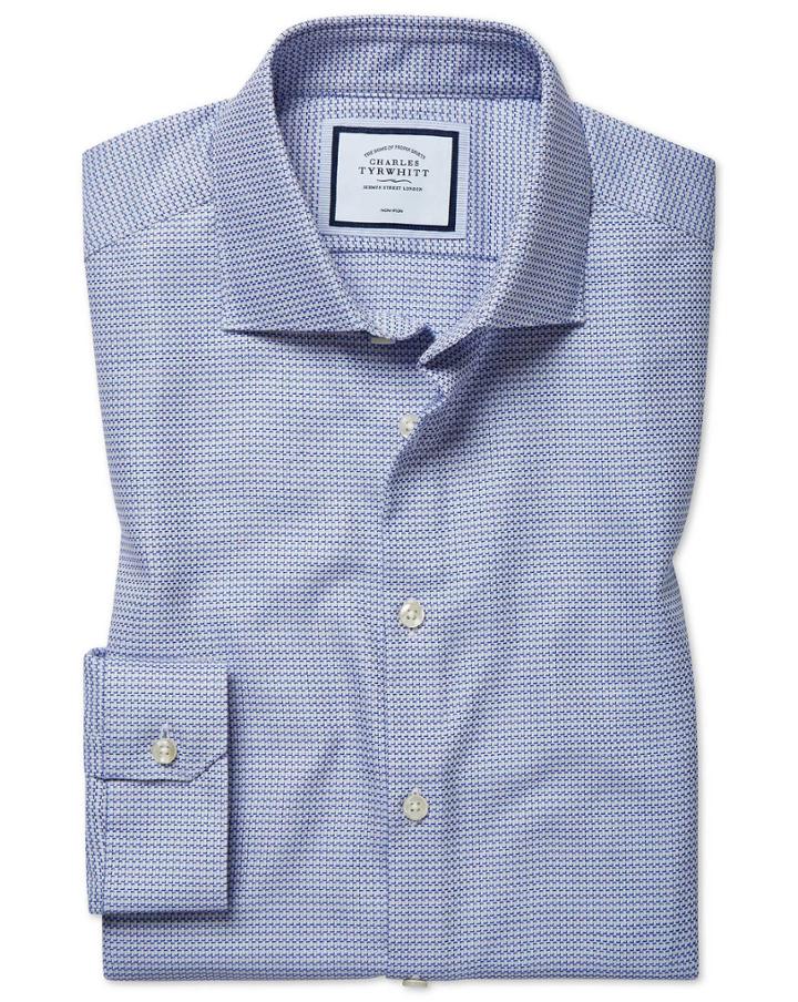  Super Slim Fit Non-iron Natural Stretch Textures Blue Cotton Dress Shirt Single Cuff Size 14.5/33 By Charles Tyrwhitt