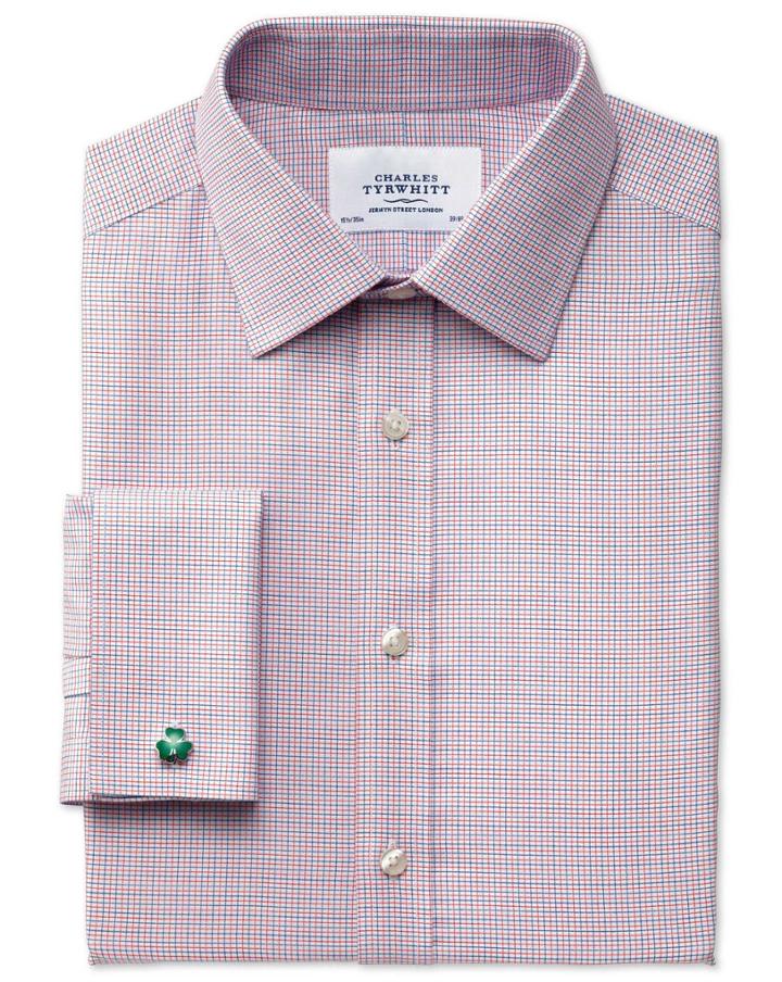 Charles Tyrwhitt Charles Tyrwhitt Extra Slim Fit Non-iron Textured Red Check Cotton Dress Shirt Size 15/34