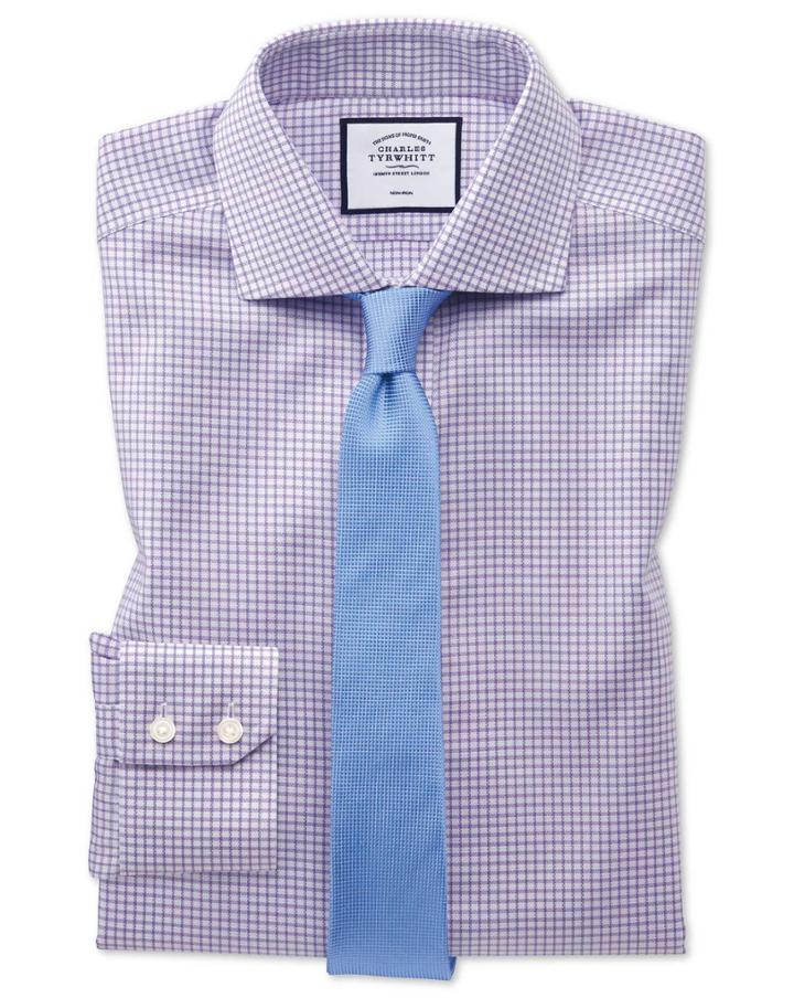  Extra Slim Fit Non-iron Lilac Grid Check Oxford Stretch Cotton Dress Shirt Single Cuff Size 14.5/32 By Charles Tyrwhitt