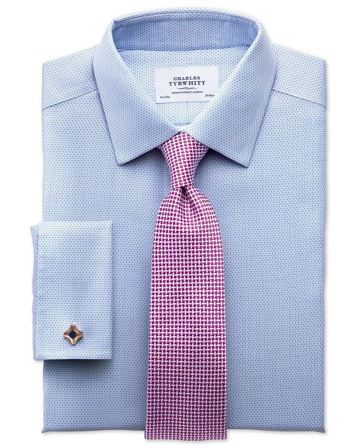  Slim Fit Non-iron Imperial Weave Sky Blue Cotton Dress Shirt Single Cuff Size 15.5/34 By Charles Tyrwhitt