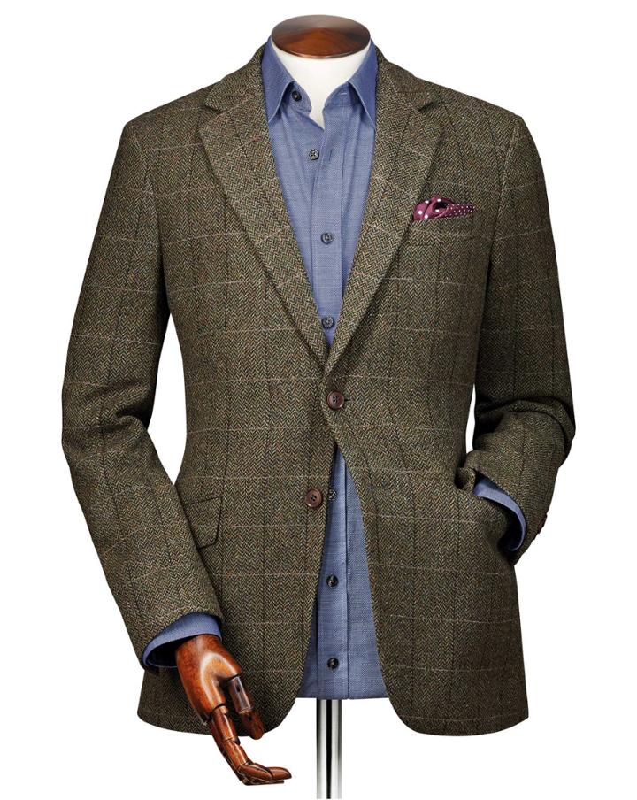  Classic Fit Green Herringbone Checkered Wool Wool Jacket Size 36 By Charles Tyrwhitt