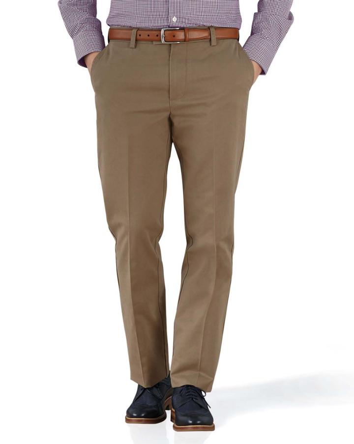  Tan Slim Fit Flat Front Non-iron Cotton Chino Pants Size W30 L30 By Charles Tyrwhitt