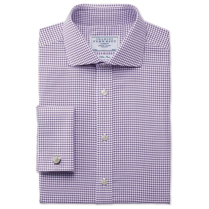 Charles Tyrwhitt Charles Tyrwhitt Classic Fit Non-iron Spread Collar Basketweave Purple Cotton Dress Shirt Size 15.5/36