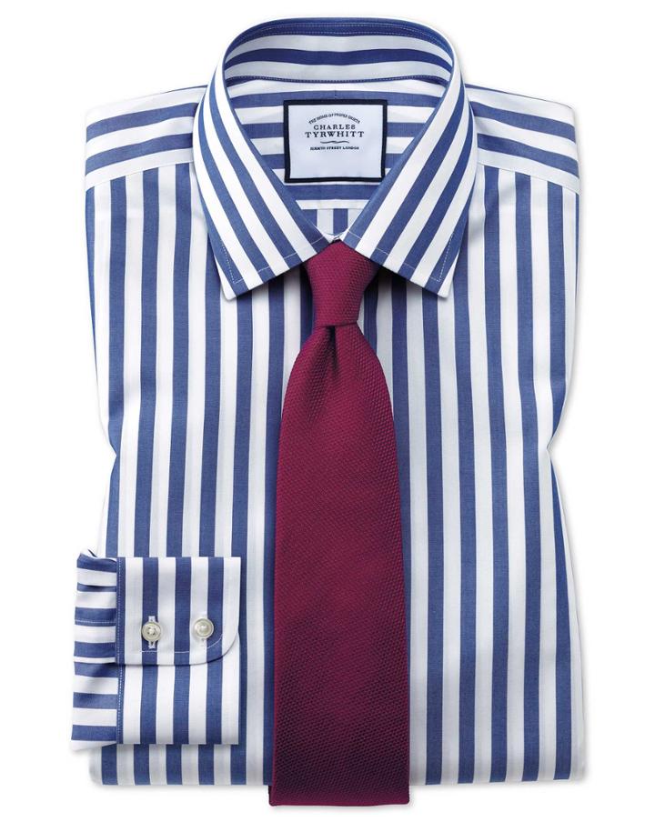 Charles Tyrwhitt Extra Slim Fit Non-iron Jermyn Street Stripes Blue Cotton Dress Shirt Single Cuff Size 14.5/33 By Charles Tyrwhitt
