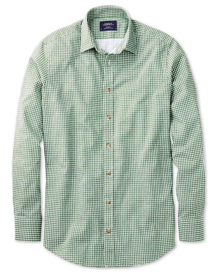 Charles Tyrwhitt Slim Fit Green Geometric Print Cotton/linen Casual Shirt Single Cuff Size Xs By Charles Tyrwhitt