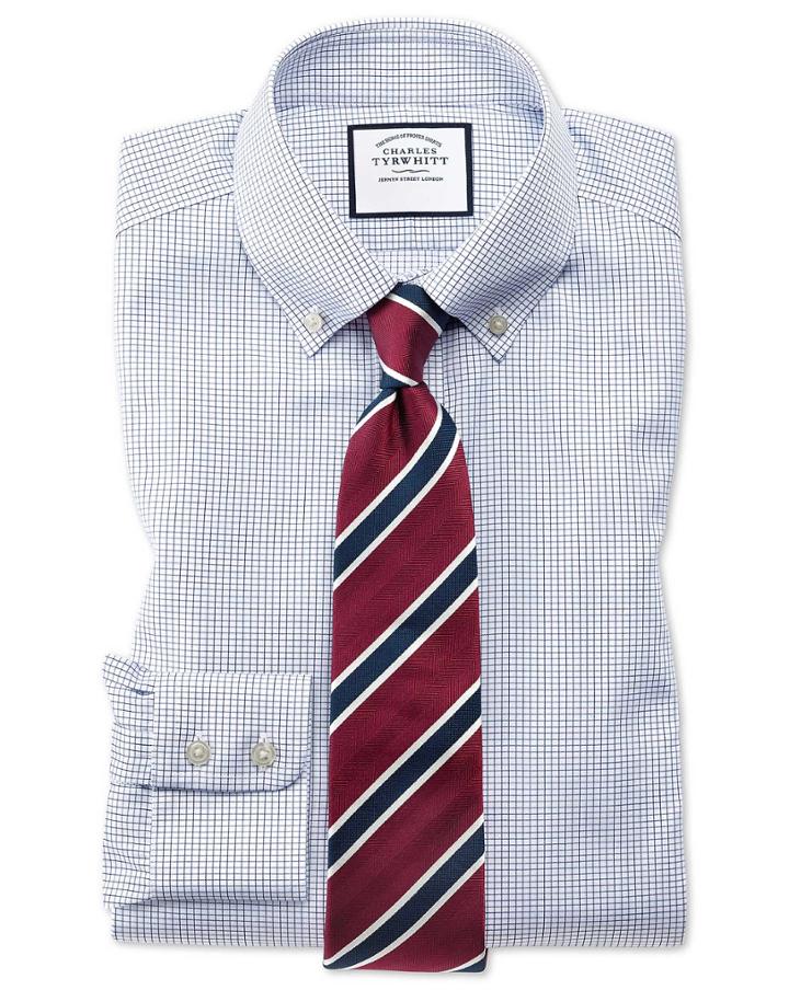 Charles Tyrwhitt Extra Slim Fit Button-down Non-iron Twill Mini Grid Check Navy Cotton Dress Shirt Single Cuff Size 14.5/32 By Charles Tyrwhitt