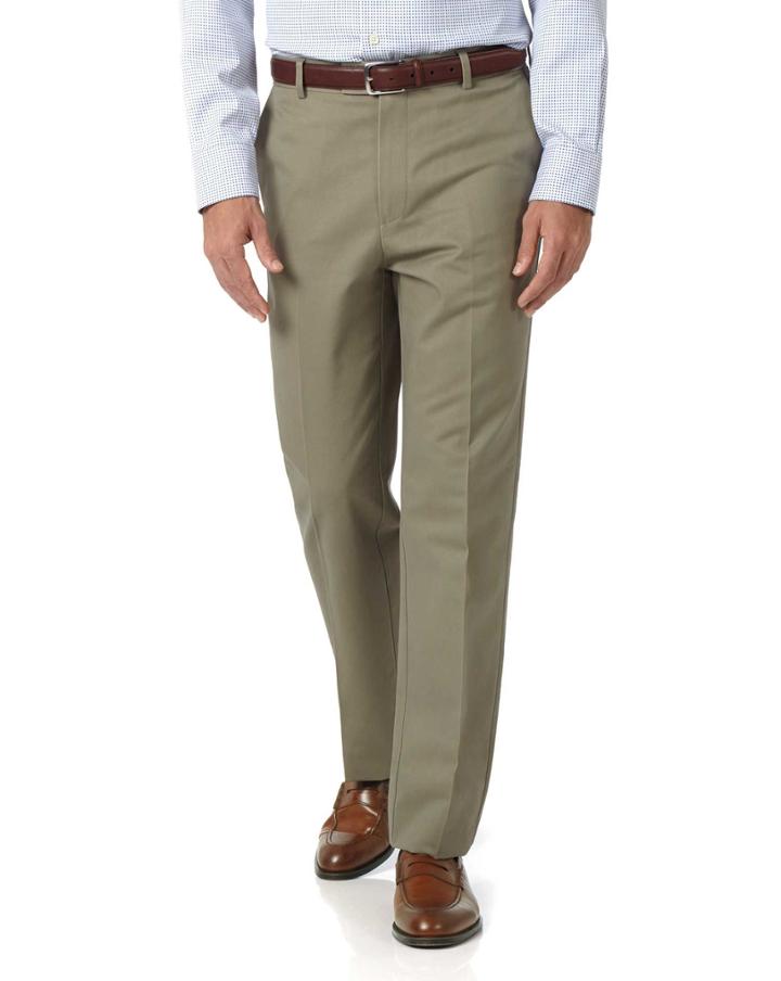 Charles Tyrwhitt Olive Classic Fit Flat Front Non-iron Cotton Chino Pants Size W32 L30 By Charles Tyrwhitt