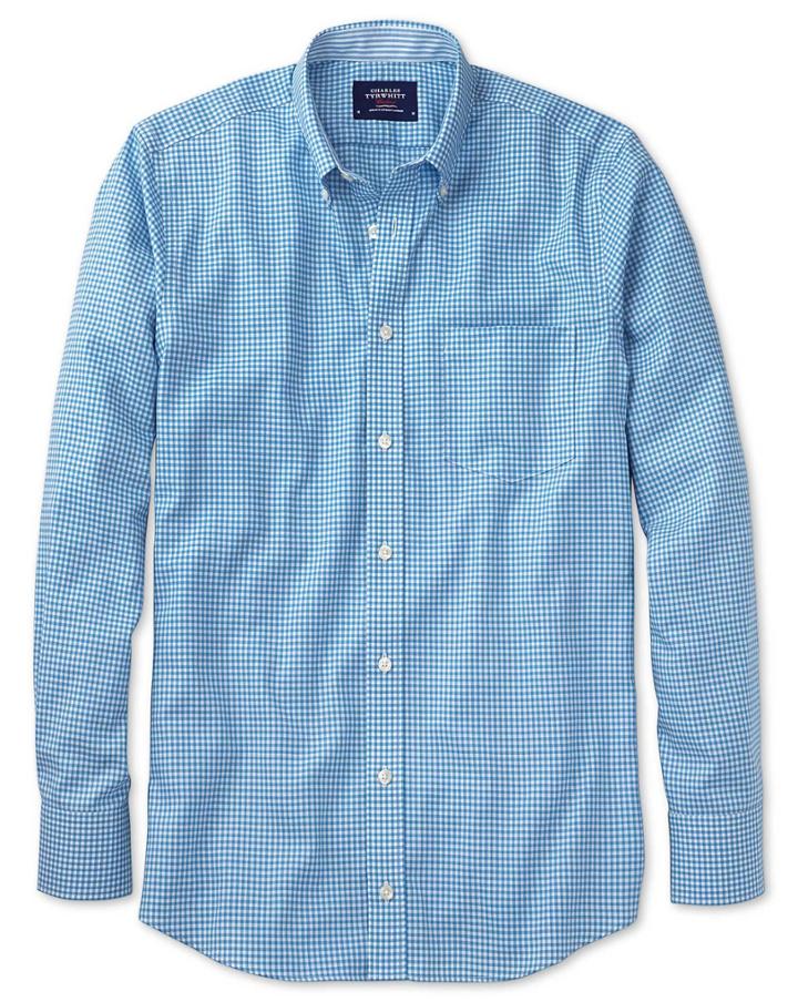 Charles Tyrwhitt Charles Tyrwhitt Classic Fit Non-iron Oxford Chambray Gingham Blue Cotton Dress Shirt Size Large