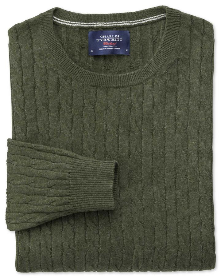  Forest Green Cotton Cashmere Cable Crew Neck Cotton/cashmere Sweater Size Large By Charles Tyrwhitt
